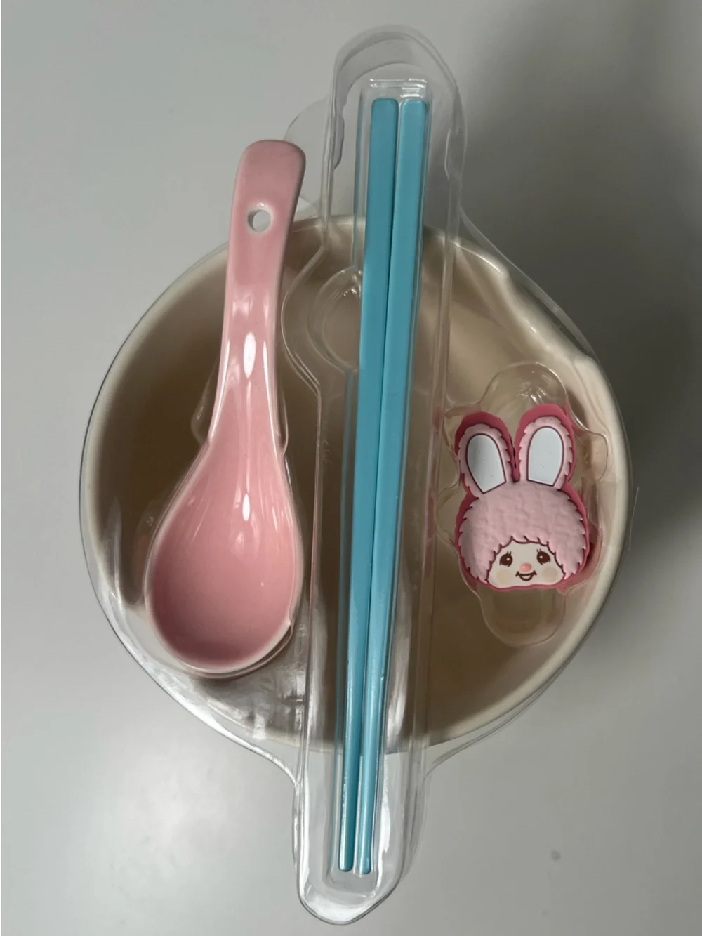 Monchhichi Ceramic Ramen Noodle Bowl 4PC Set W/ Chopsticks Soup Spoon & Holder